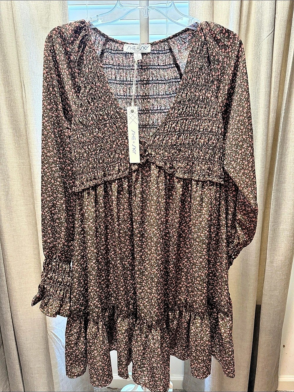 She + Sky Floral Mini Dress in Brown & Pink Size Small NWT